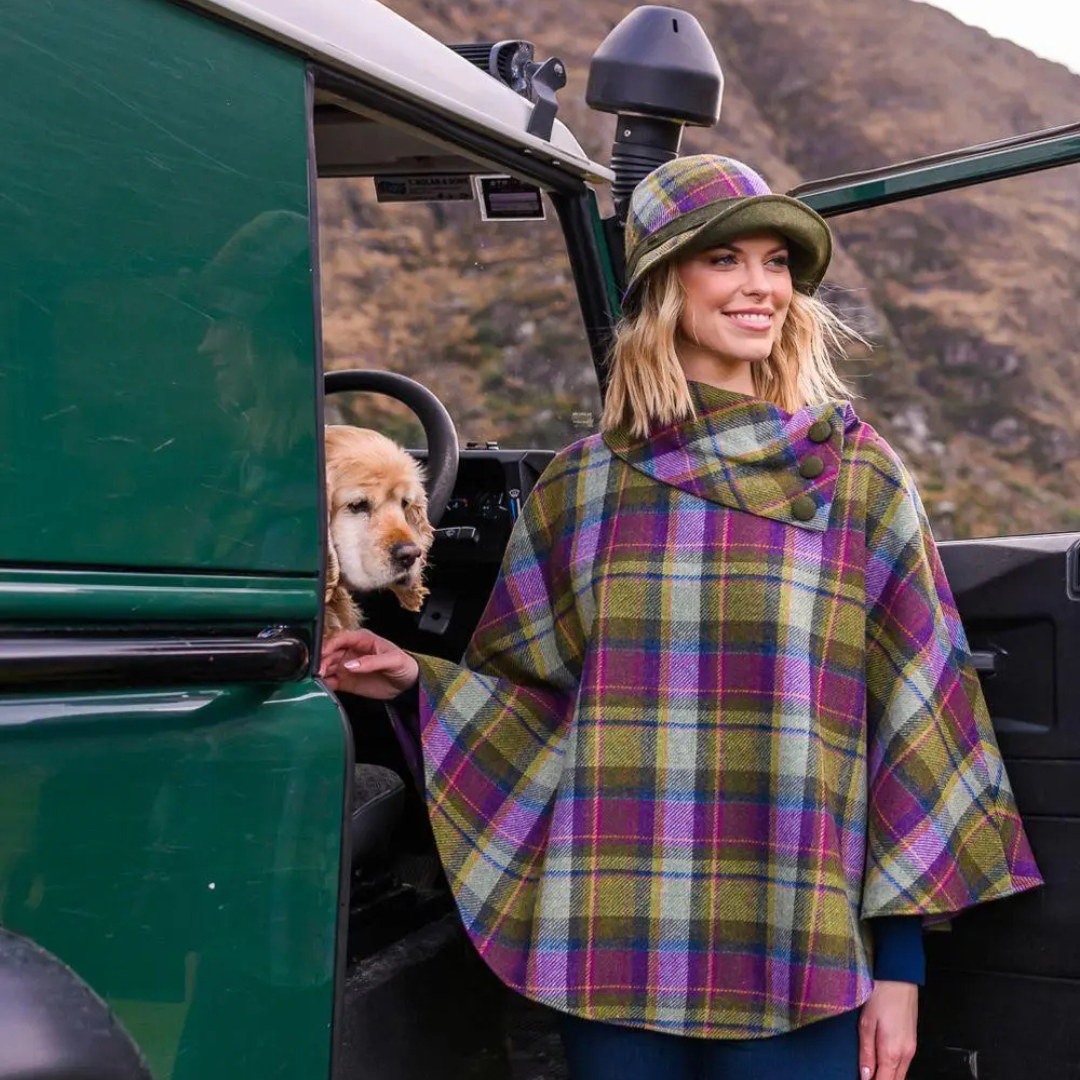 Mucros Wool Cape in green and purple check front view