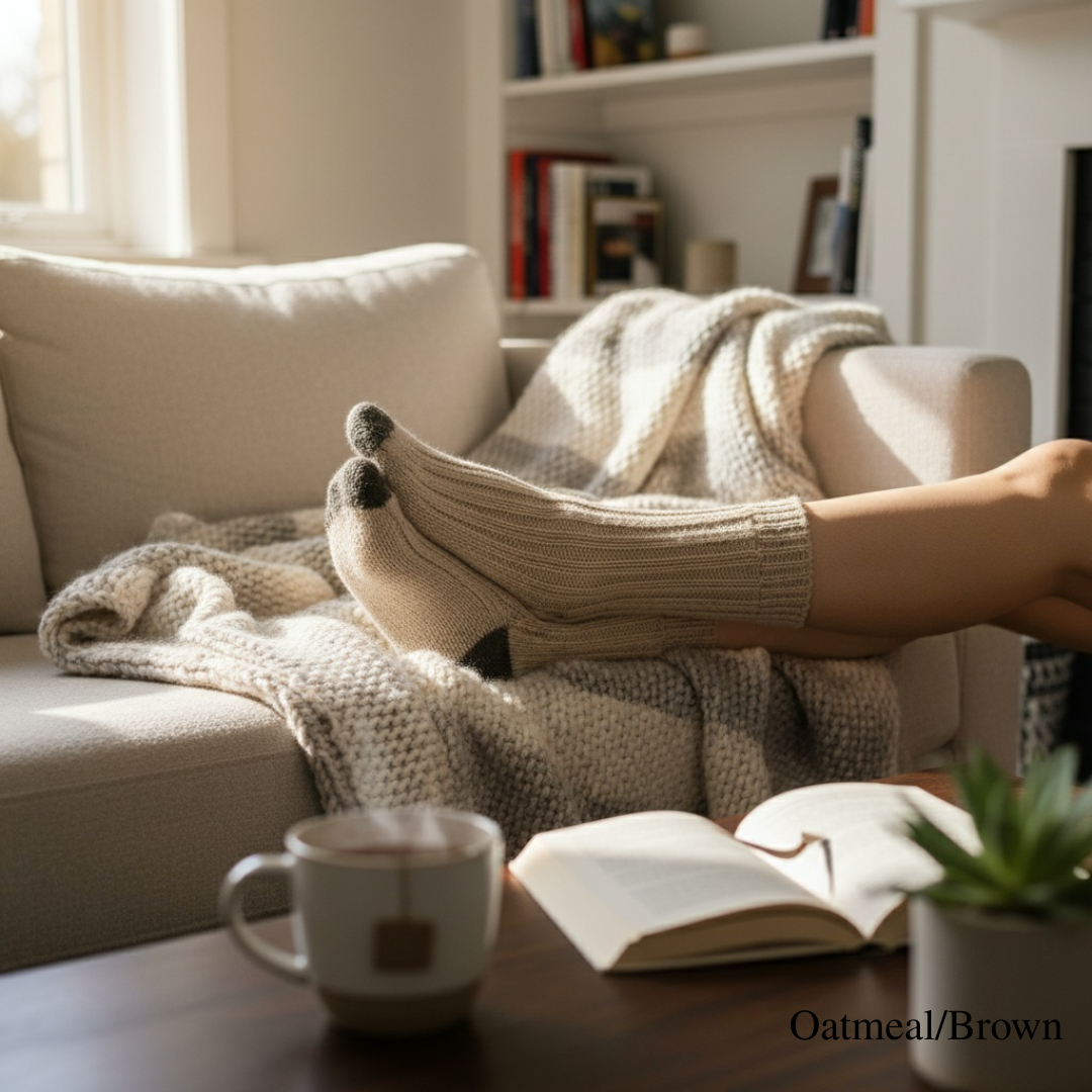 Oatmeal brown merino wool socks styled in a cozy home setting