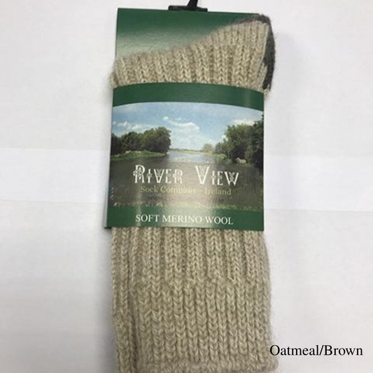 Oatmeal brown merino wool socks in River View packaging
