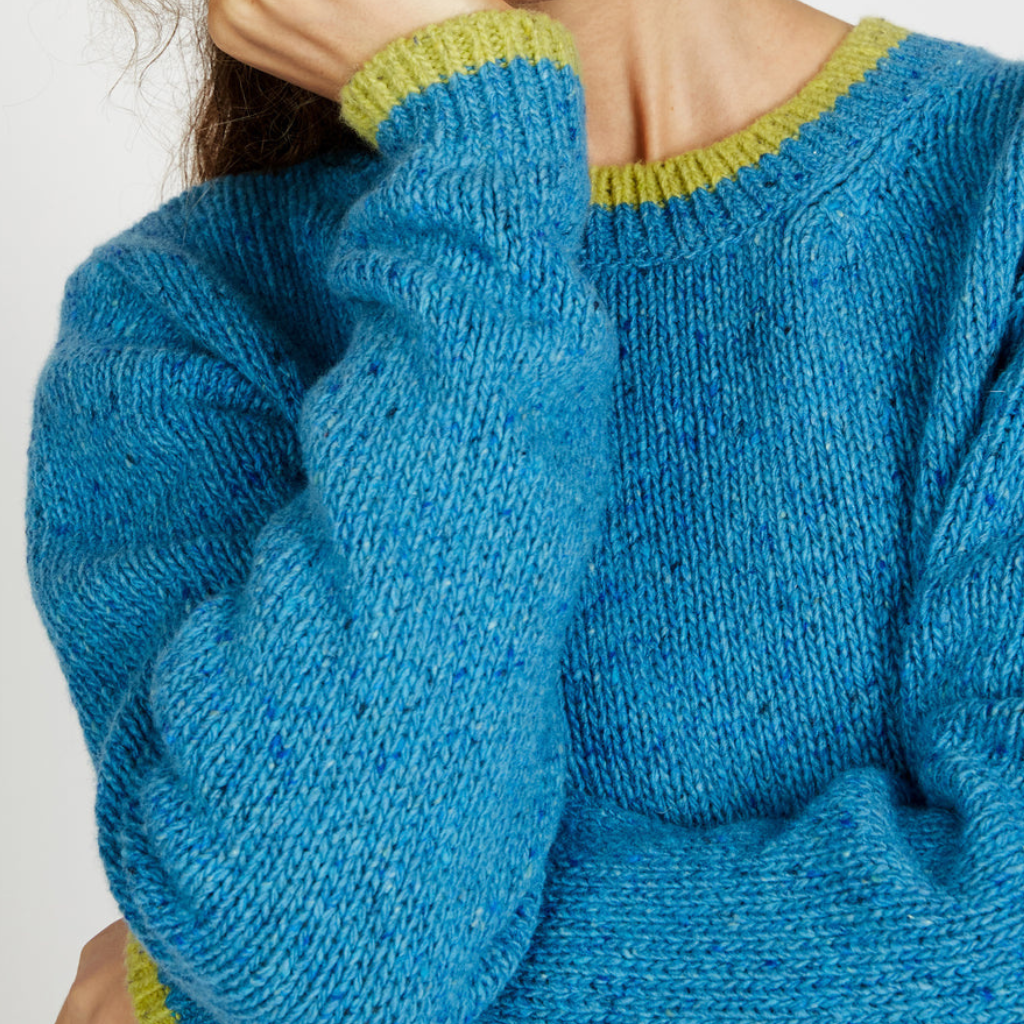 laney Crew Neck Sweater – Forget-me-not Blue – Front view on model