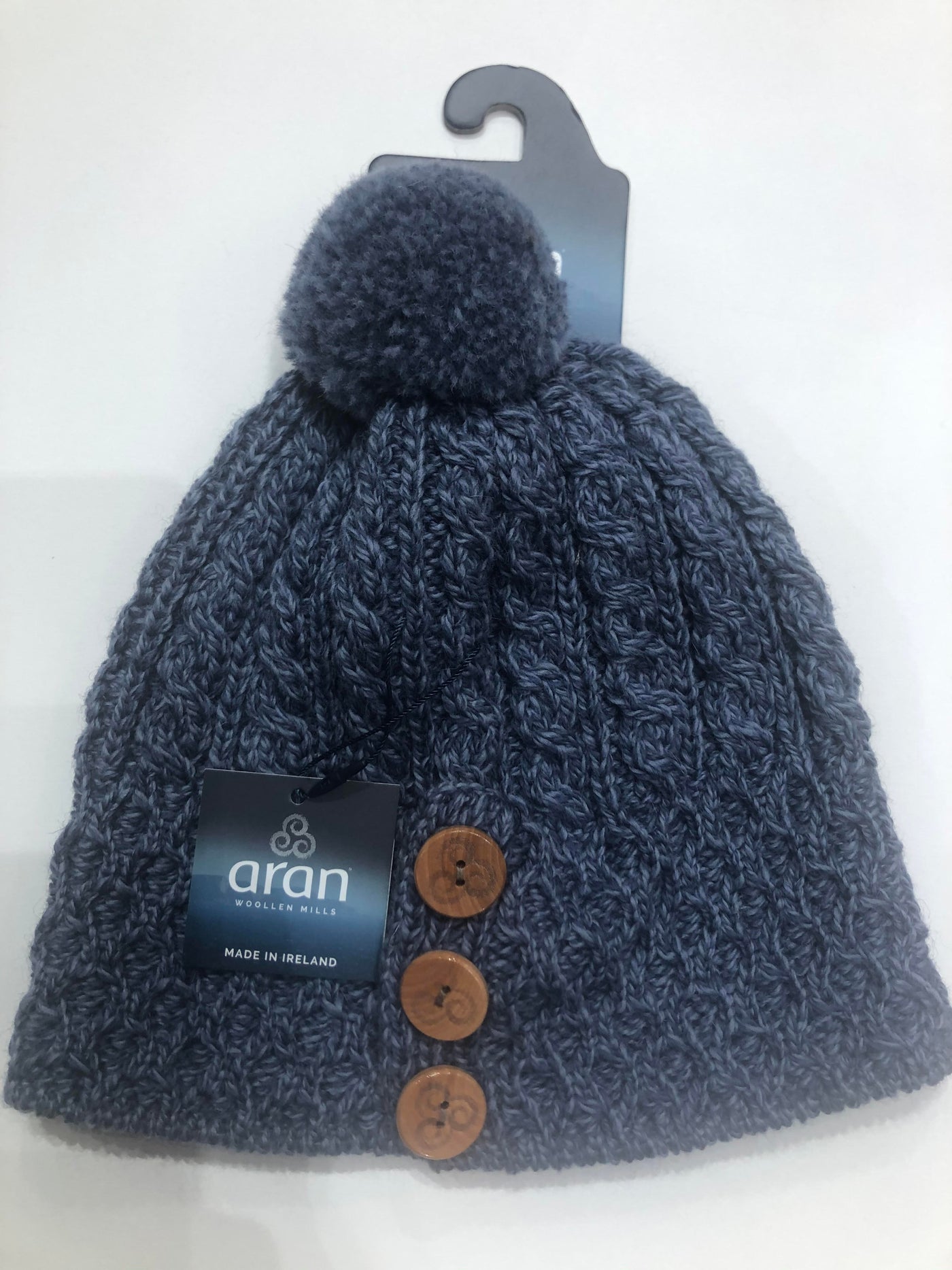 Navy Blue Aran Hat With Buttons