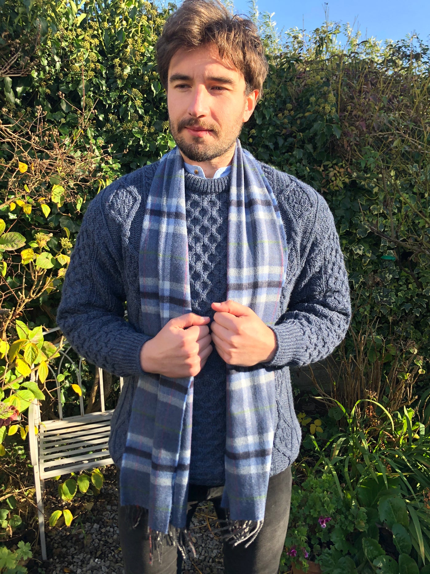 Blue and Grey Check Lambswool Scarf