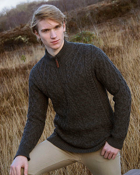 Charcoal Aran Sweater with a half zip