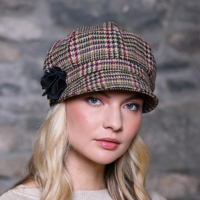 Ladies Tweed Newsboy Hat - Cream Red & Beige, Mucros Newsboy 391
