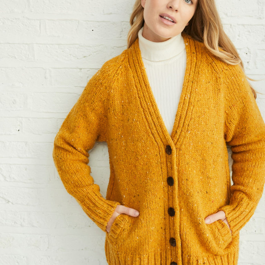 Bonny Glen Donegal Tweed Cardigan in Mustard – front view
