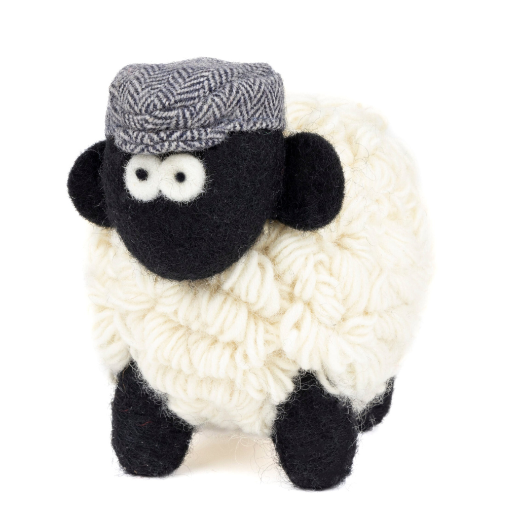 Small Knitted Sheep Keyring with Blue Flat Cap