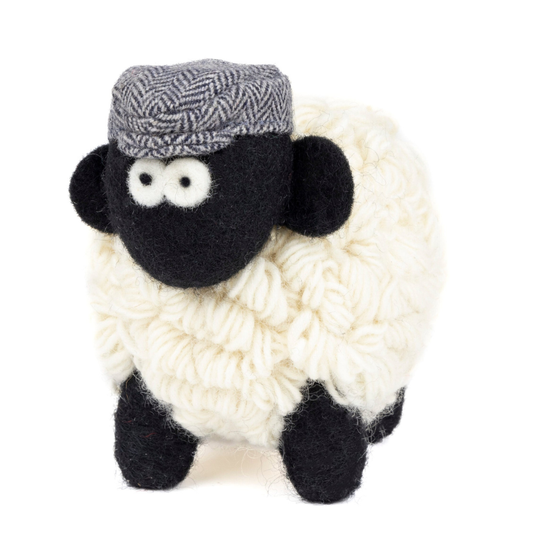 Small Knitted Sheep Keyring with Blue Flat Cap