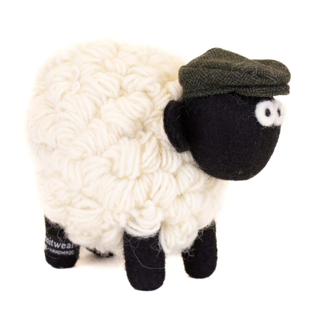 Small Knitted Sheep Keyring with Green Flat Cap