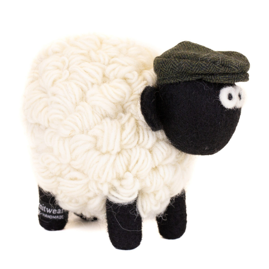 Small Knitted Sheep Keyring with Green Flat Cap
