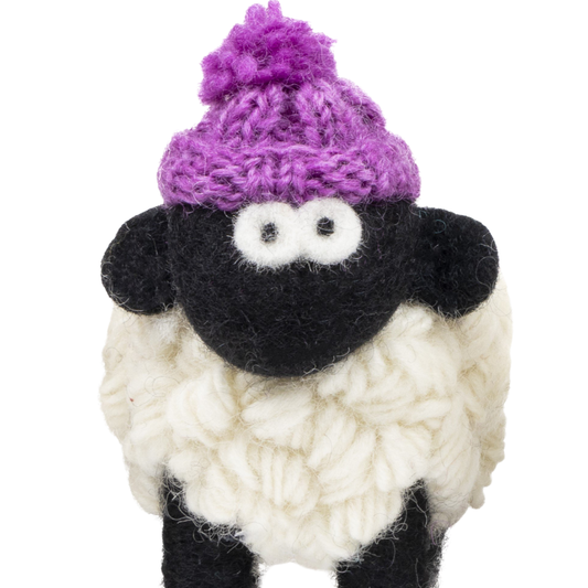 Small Knitted Sheep Keyring with Purple Bobble Hat