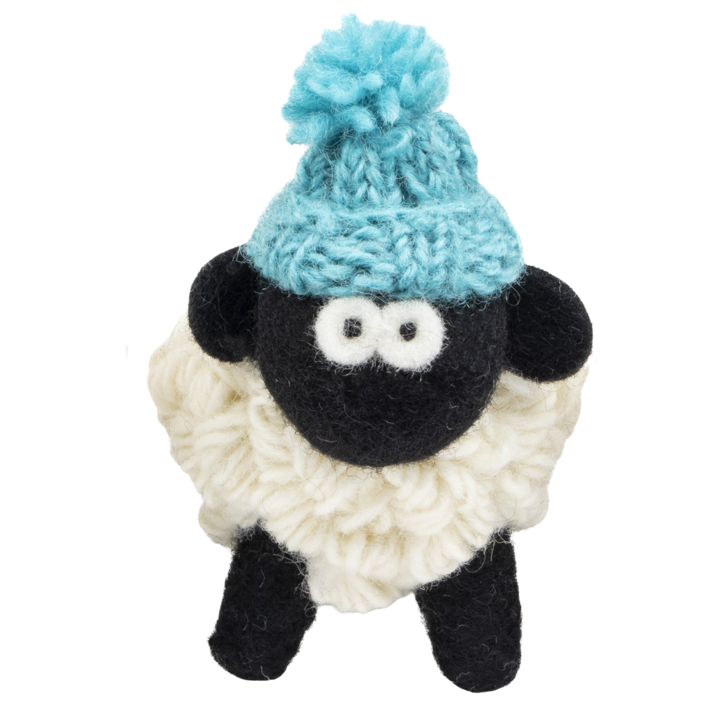Small Knitted Sheep Keyring with Blue Bobble Hat