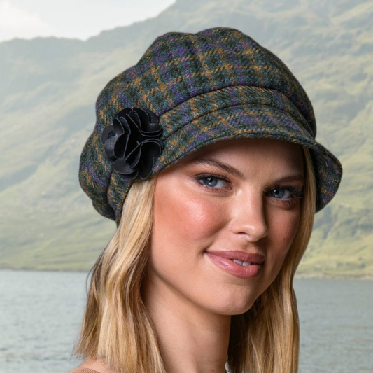 Ladies Tweed Newsboy Hat - Green/ Mustard Check