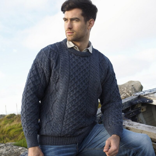 Light Aran Crew Neck Sweater – Denim Blue