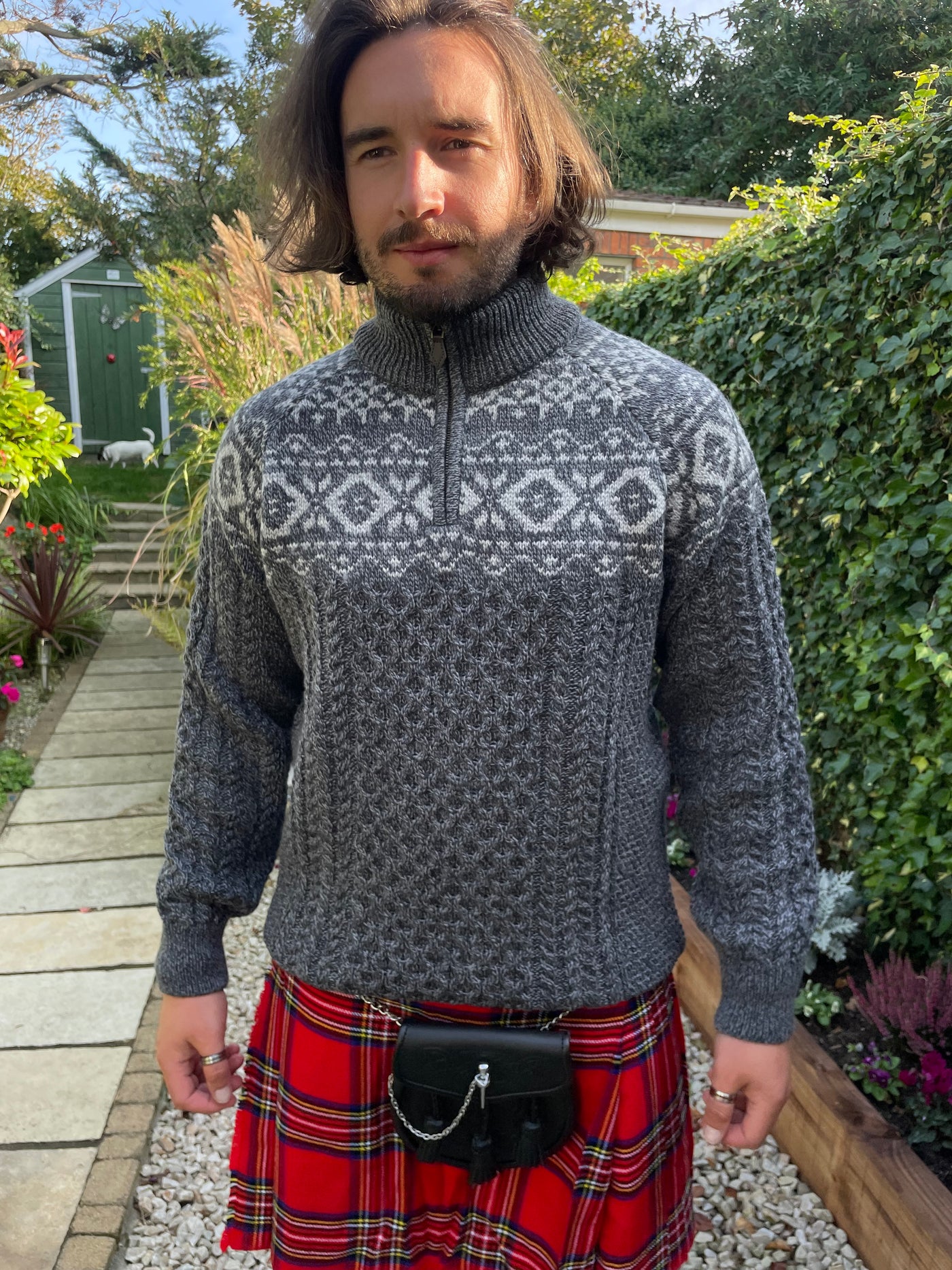 100% Merino Wool Jacquard Half Zip Sweater