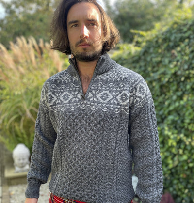 100% Merino Wool Jacquard Half Zip Sweater