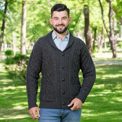 Mens Aran Cable Shawl-Collar Cardigan (Charcoal)