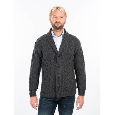 Mens Aran Cable Shawl-Collar Cardigan (Charcoal)
