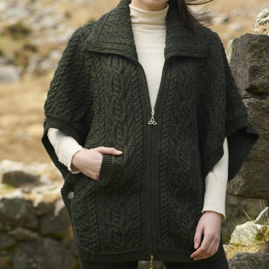 Alternative front angle of Aran Funnel Neck Jacket in Army Green showing double collar and sleeve style.