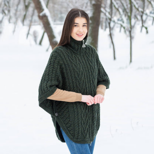Aran Funnel Neck Jacket in Army Green, front view, 100% Merino wool with Celtic Knot zip.