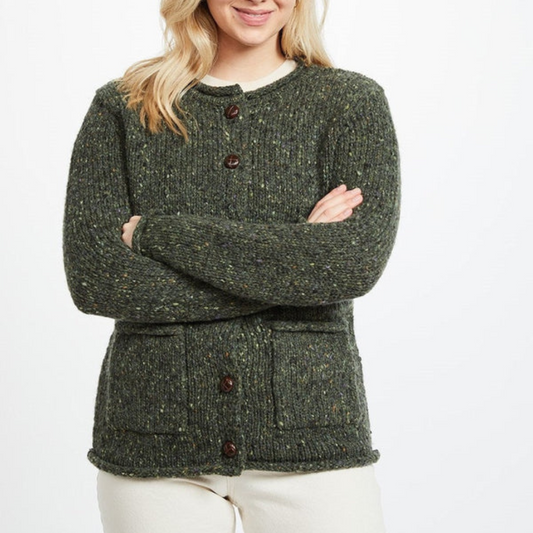 Avondale Tweed Cardigan front view in 100% wool, classic tweed texture with Aran-style buttons.