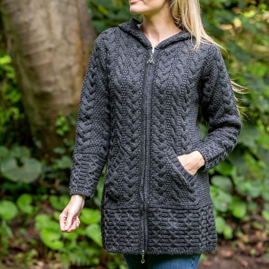 Womens Celtic Cable Aran Hoodie Charcoal Front - The Donegal Shop