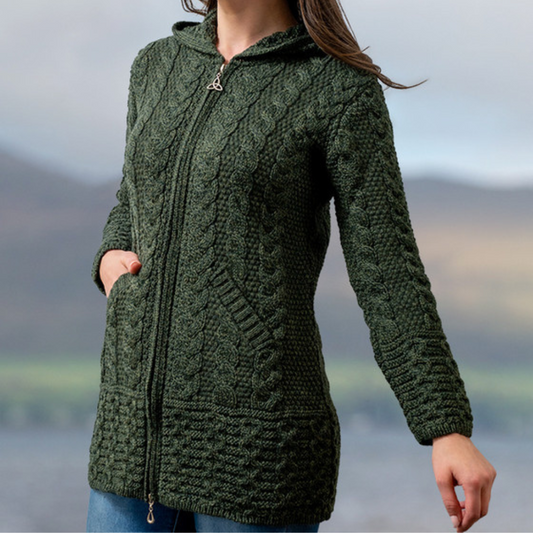 Irish Aran Hooded Coatigan in Green – Front view