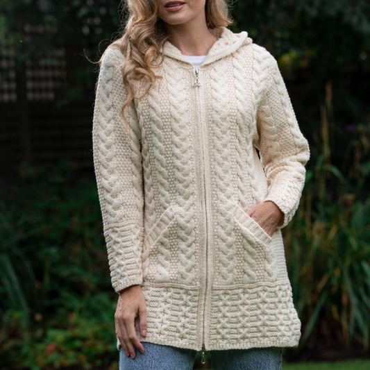 Womens Celtic Cable Aran Hoodie Natural Front - The Donegal Shop