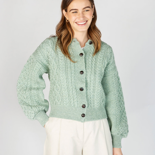 Clover Cropped Aran Cardigan in Sage Marl green – 100% Merino wool