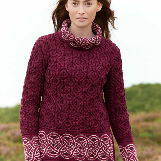 Wine Cowl Neck Jacquard Irish Sweater with Celtic collar detail