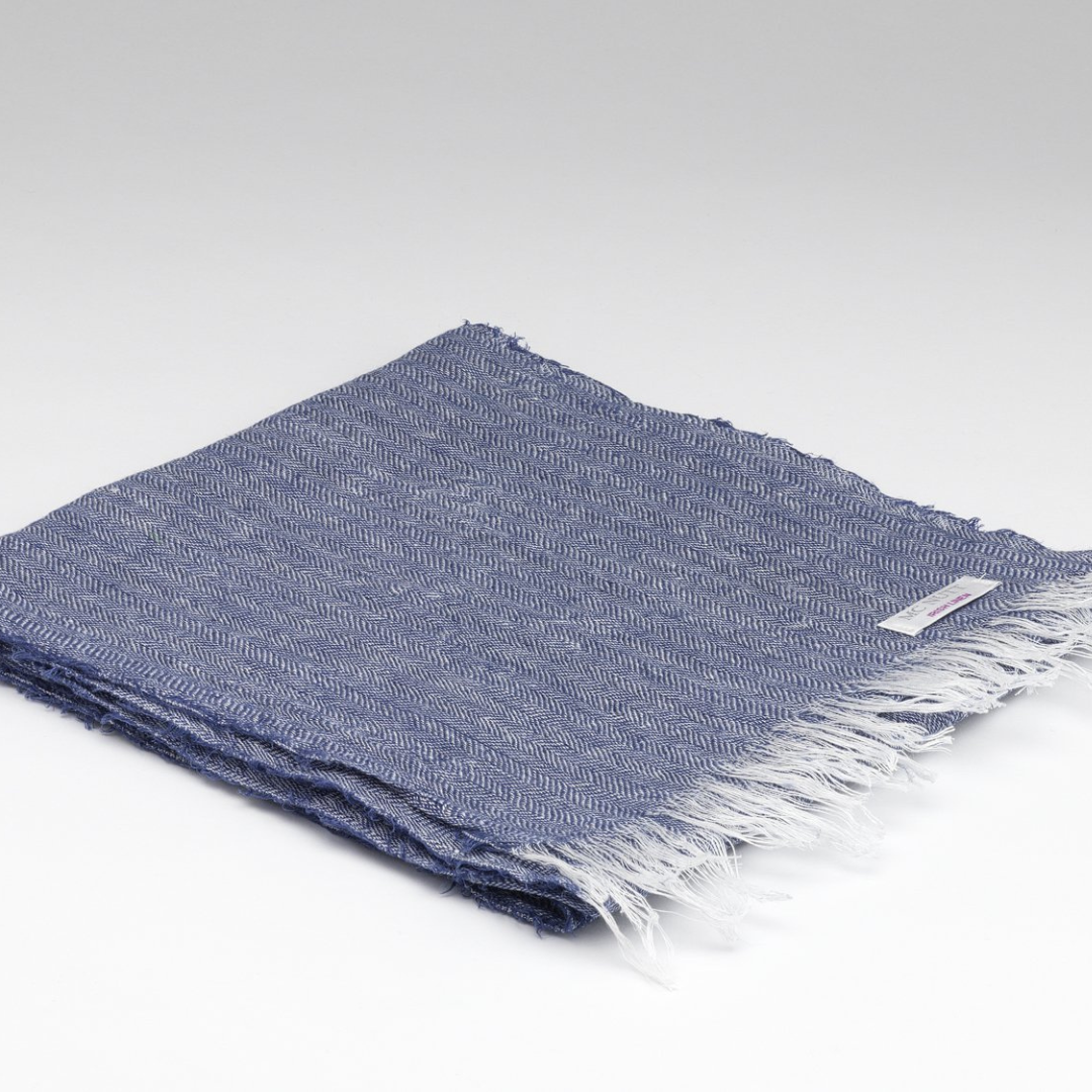 Folded McNutt denim Irish linen scarf with fringed edge