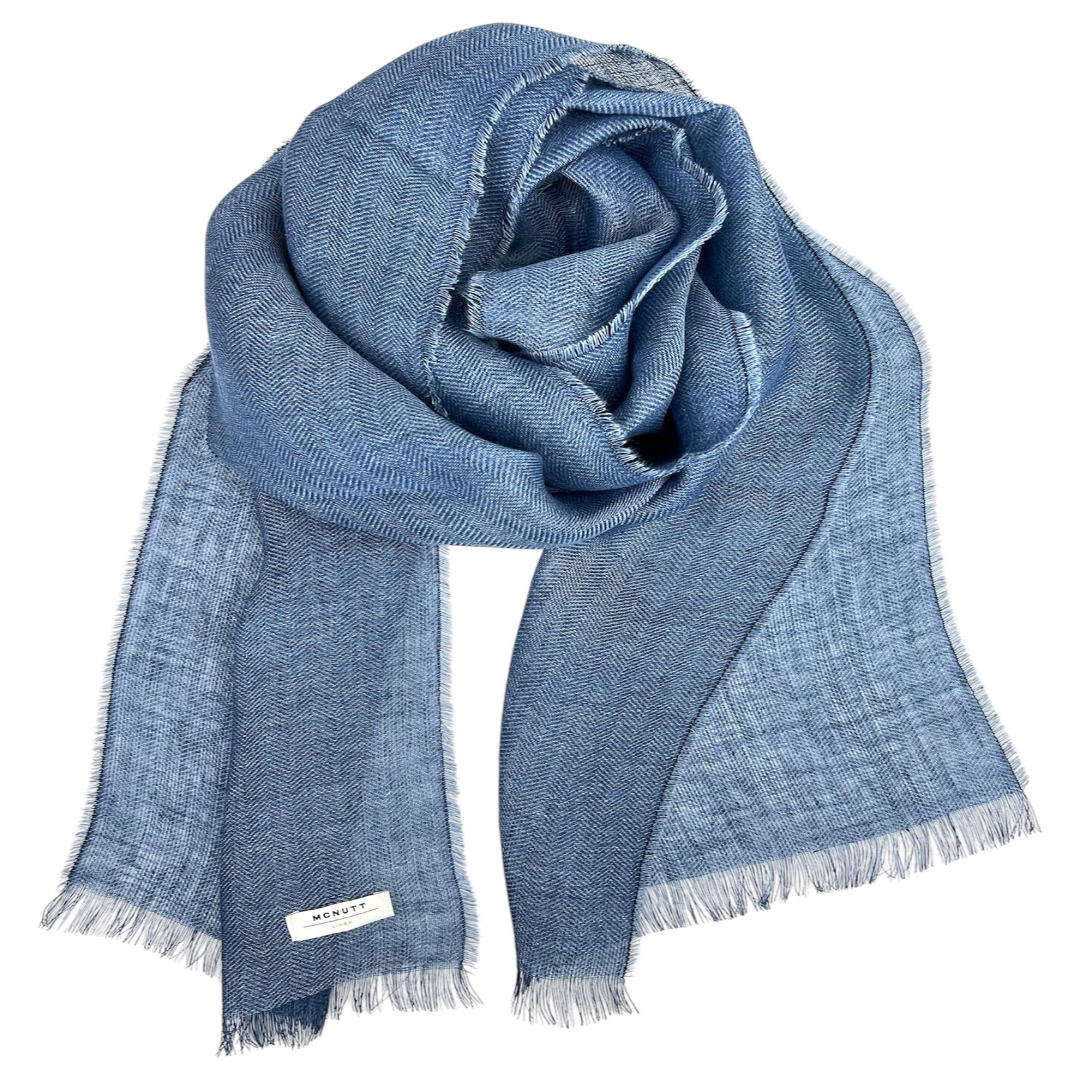 Front view of McNutt denim Irish linen scarf from The Donegal Shop