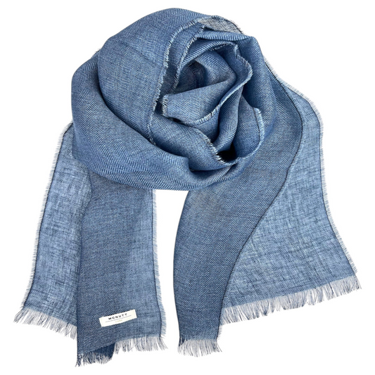 Front view of McNutt denim Irish linen scarf from The Donegal Shop