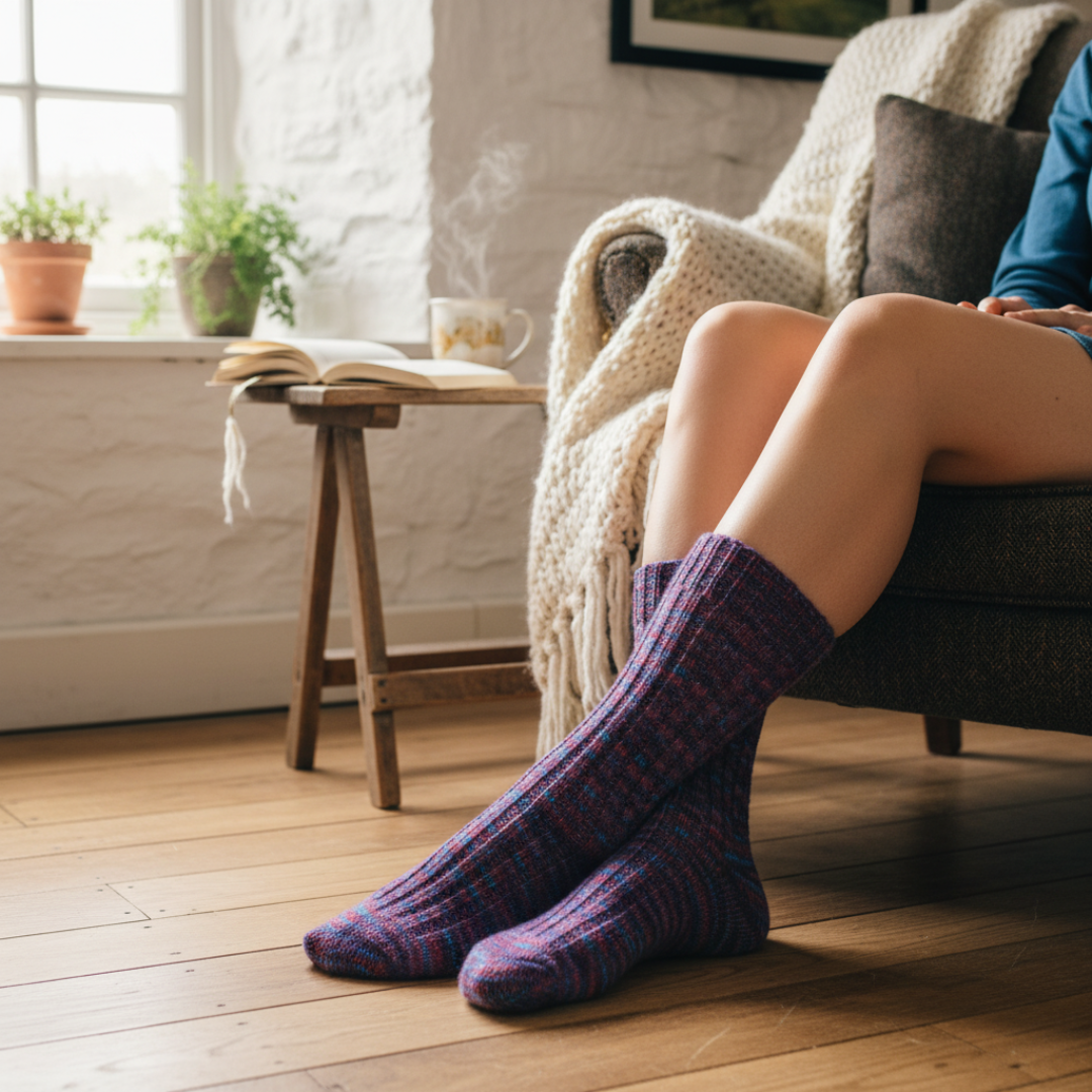 Lifestyle photo of a person relaxing indoors wearing Donegal Bloom Splash wool socks, with a cozy Irish cottage setting