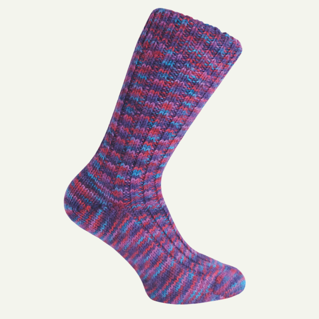 A single Donegal Bloom Splash wool sock in rich purple, red, and blue tones, made from 100% super soft wool.