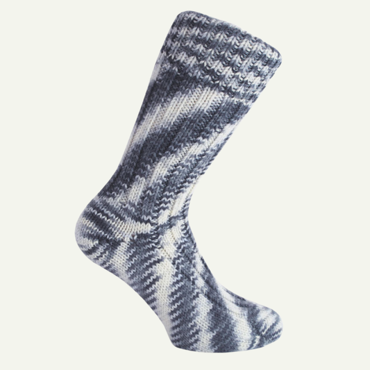 A single Donegal Frost Splash wool sock featuring blue, grey, and cream marled tones, made from 100% super soft wool