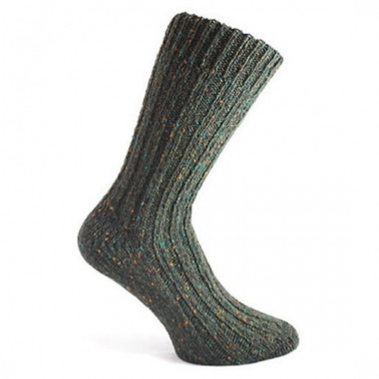 Dark green Donegal wool socks with orange and blue flecks on a white background