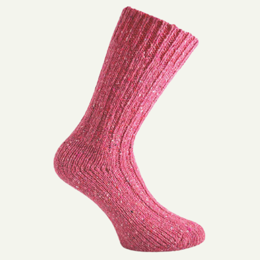 Donegal wool socks in pink fleck, ribbed knit design on white background