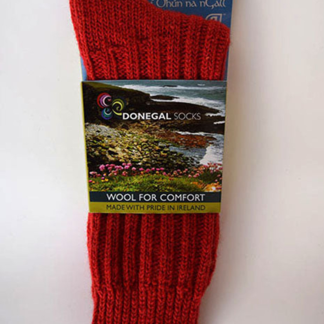 Donegal Socks red fleck wool socks in original packaging, made in Ireland