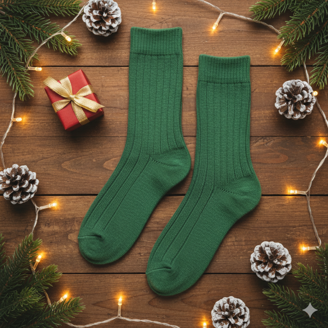 Green merino wool socks styled beside a book and candle