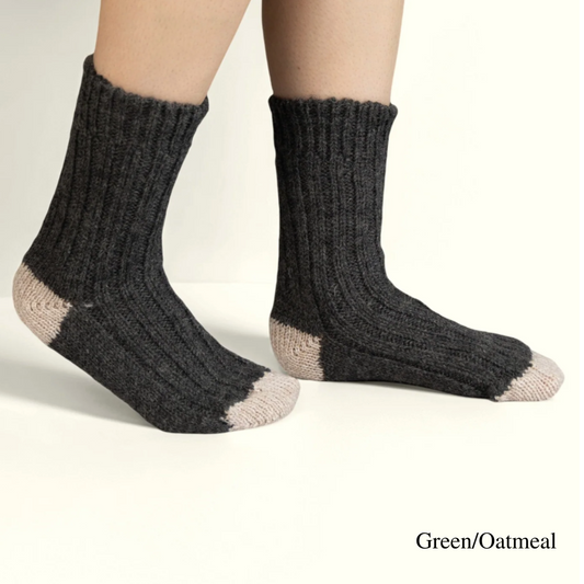Lifestyle view of Green & Oatmeal Merino Wool Socks made in Ireland