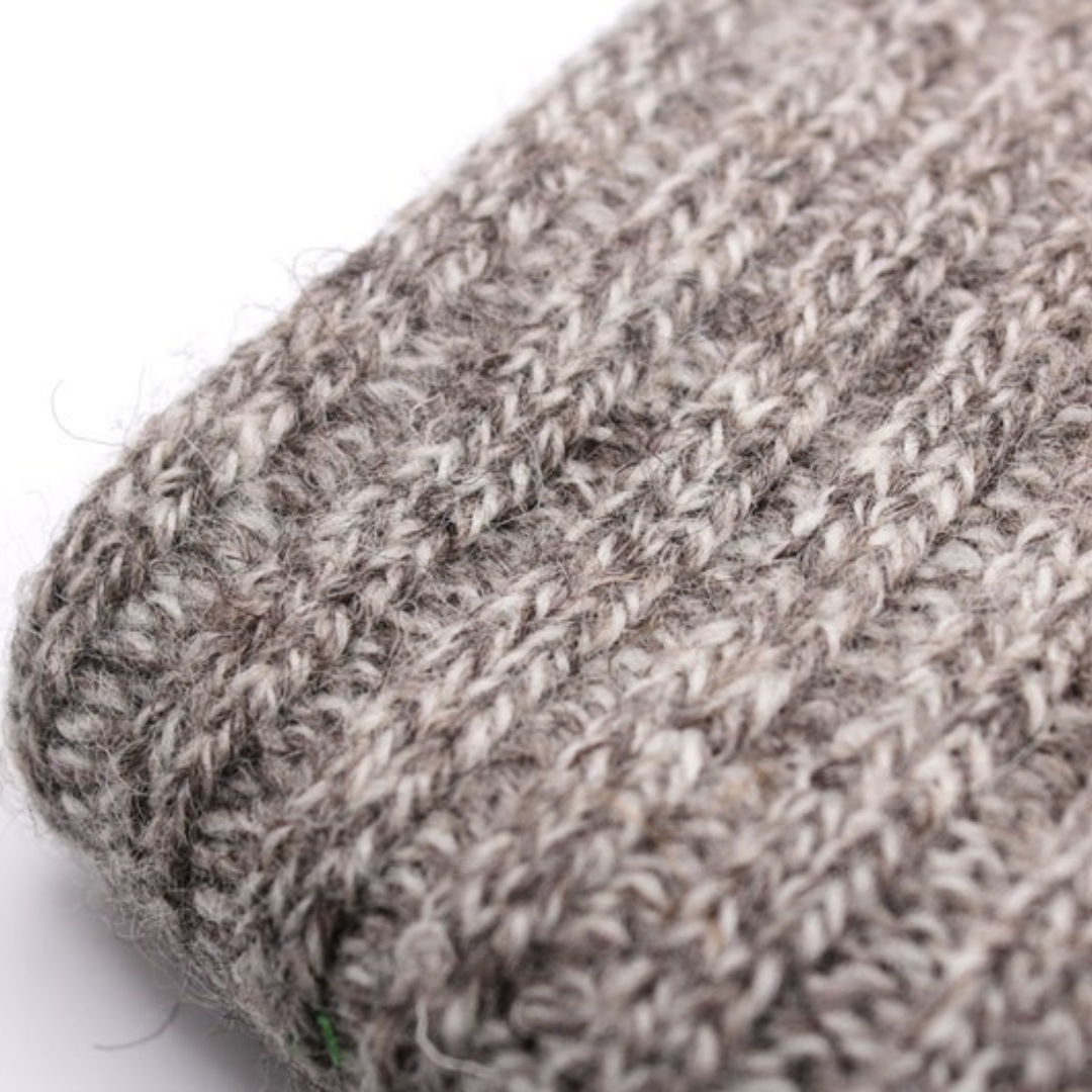 Close-up of Long Jacob’s Sheep Wool Socks – Black Sheep knit texture