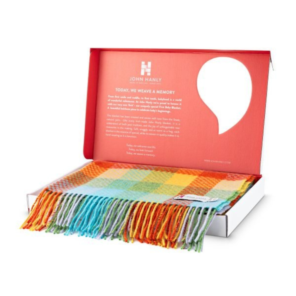 John Hanly Lambswool Baby Blanket presented in a luxury gift box.