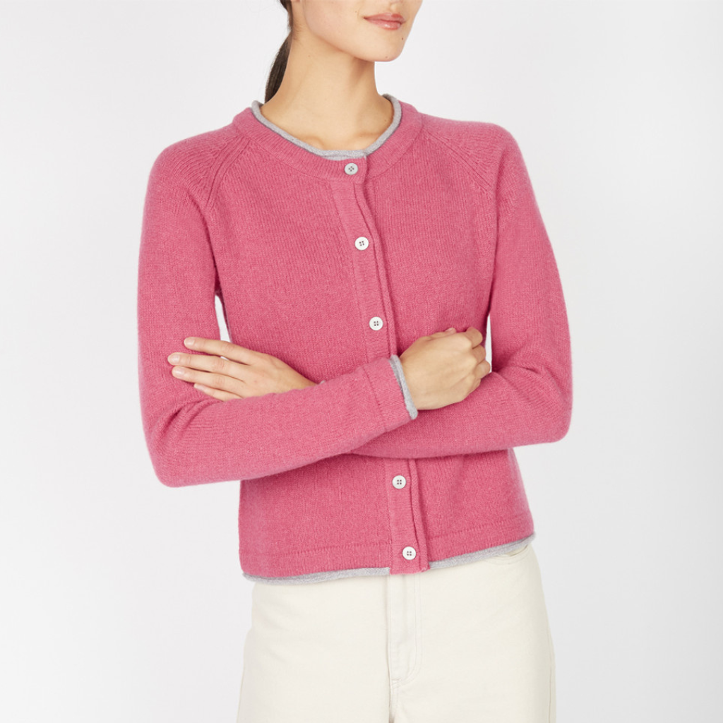Front view of Killiney Button Cardigan in rose pink wool cashmere with contrast grey trim