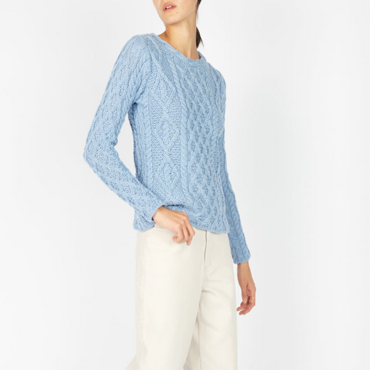 Lambay Lattice Cable Aran Sweater in Morning Sky front view – women’s Merino wool knit