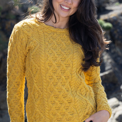 Lambay Lattice Cable Aran Sweater in Sunflower yellow, 100% Merino wool, women’s knitwear