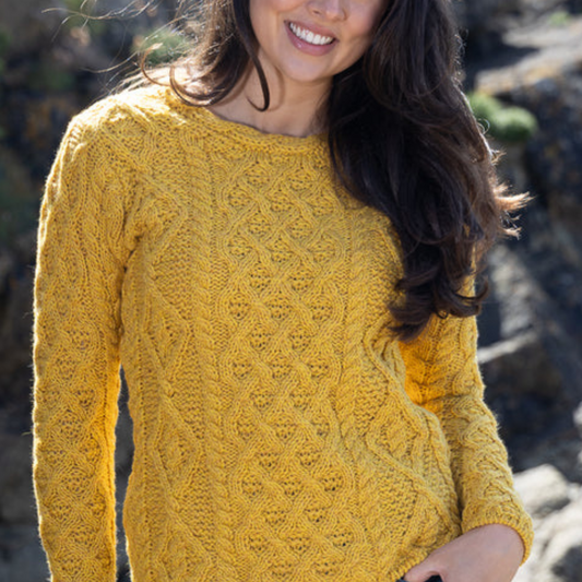 Lambay Lattice Cable Aran Sweater in Sunflower yellow, 100% Merino wool, women’s knitwear