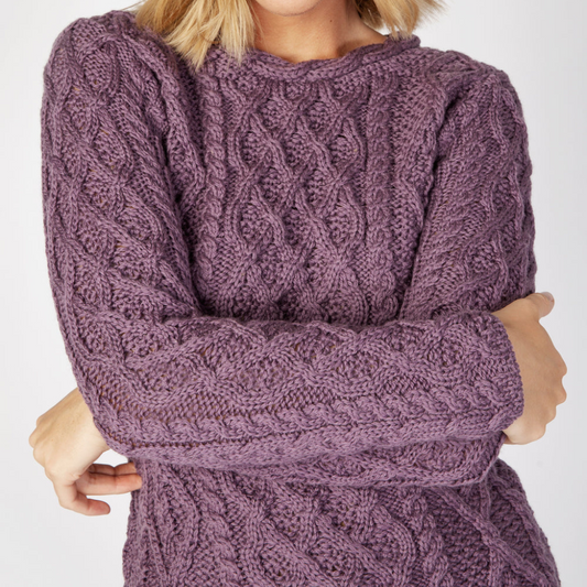 Lambay Lattice Cable Aran Sweater in Warm Lavender front view – women’s Merino wool knit