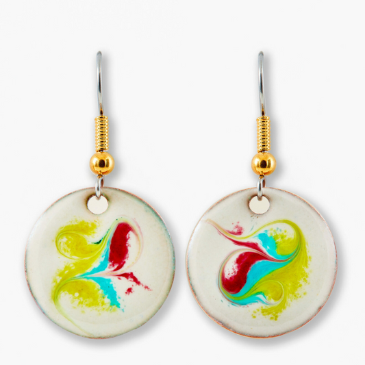 Leia Cream Drop Earrings front view, handmade in Ireland from recycled copper and enamel