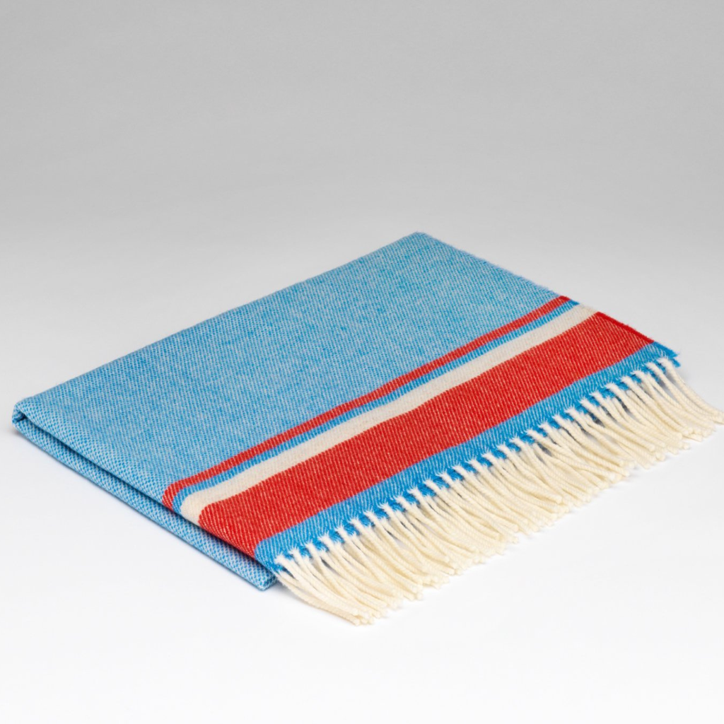 McNutt’s Little Boy Blue Baby Blanket — vibrant blue merino lambswool with red and white bands