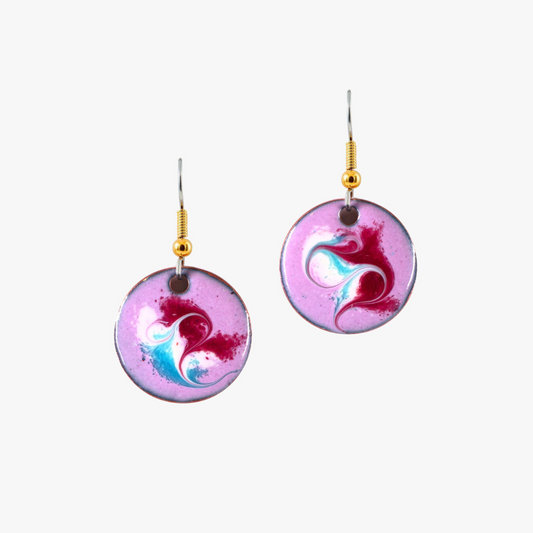 Megouna Pinky Purple Drop Earrings, close-up detail showing swirling pink and purple enamel design, handmade in Ireland by Meab Enamels, The Donegal Shop.